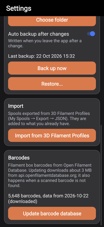 Barcodes in Settings