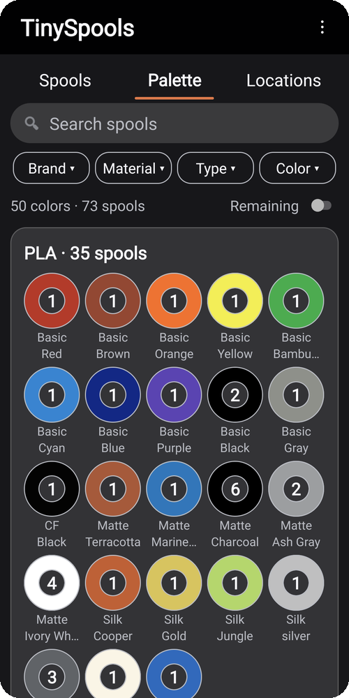 Palette: every PLA color you own, drawn as spools with the number of spools