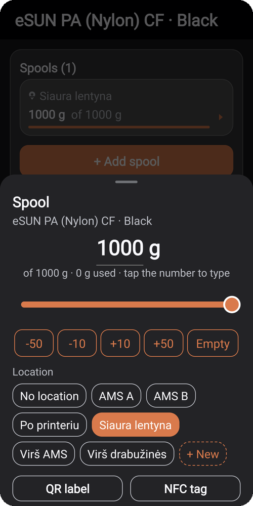 Spool: grams left with a slider, shelf, QR label and NFC tag